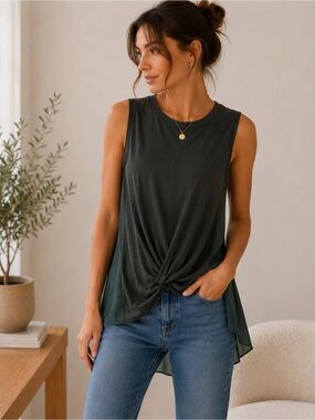 Twist-Front Mixed Media Tank Top - Dark Green S
